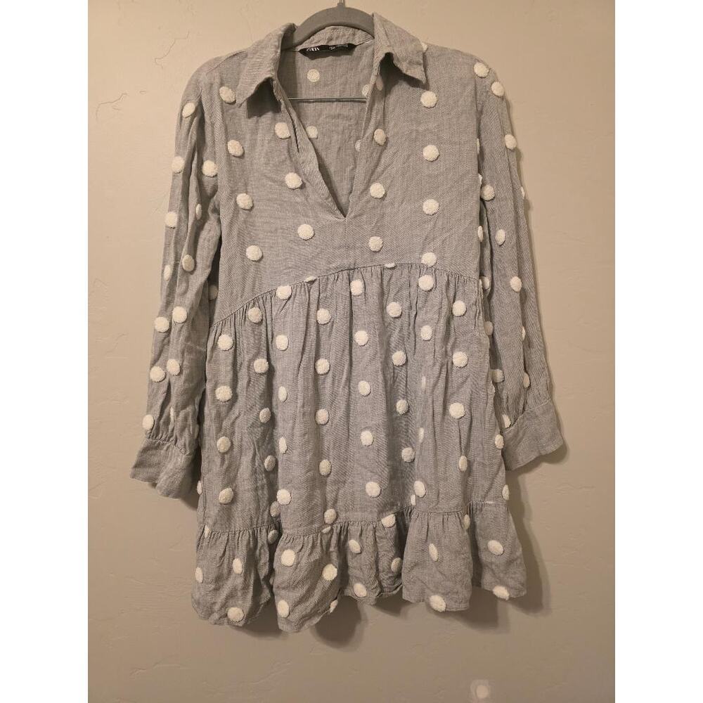 ZARA Gray Polka Dot Babydoll Dress Textured Pom Pom Mini Dress Cottagecore Chic